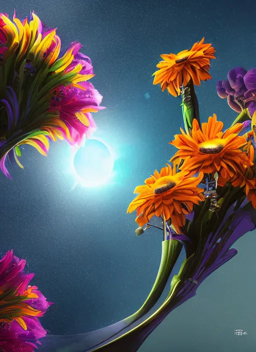 Image similar to An epic fantastic realism comic book style painting of the most beautiful flowers launched into space, bouquets, solar eclipse, fisheye, unreal 5, DAZ, hyperrealistic, octane render, dynamic lighting