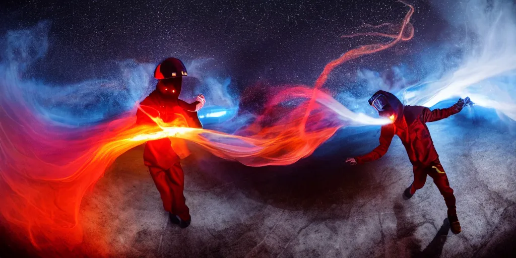 Image similar to fisheye slow motion with trail fire effect of futuristic break dancer wearing long dark cloak and golden helmet emitting blue and red fire, long exposure shot , enigmatic, at night in the middle of the arctic with red light A letter, paddle of water, steam, fog, water splashes, rim lights, glossy reflections, water droplets on lens, octane render, Volumetric dynamic lighting, stunning cover magazine, high details, hajime sorayama