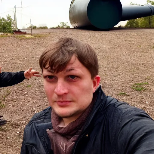 Image similar to selfie, funny intimidated ukrainian against the background of a fallen huge nuclear missile in his yard