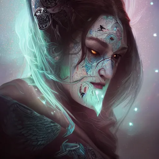 Image similar to a WLOP 3d render of very very highly detailed mystic, enigmatic, strange portrait of a phantom warrior with galaxy, tattoos by Anna Dittmann, intricate, extremely detailed, digital painting, artstation, concept art, smooth, sharp focus, illustration, intimidating lighting, incredible art,