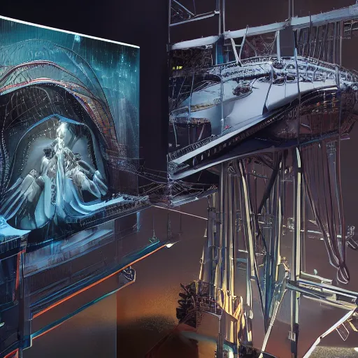 Image similar to sci-fi motherboard structure on the coronation of napoleon painting and digital billboard in the middle, unreal engine 5, keyshot, octane, artstation trending, ultra high detail, ultra realistic, cinematic, 8k, 16k, in style of zaha hadid, in style of nanospace Michael Menzelincev, in style of Lee SOUDER, colors in style of the Blade Runner 2049, in plastic, dark, tilt shift,