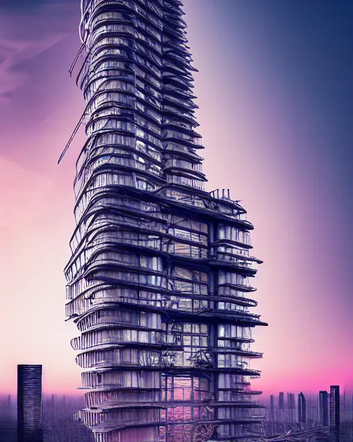 Prompt: a beautiful hyperdetailed highly detailed urbex industrial architecture tower nature building unfinished building by zaha hadid, retro sunset retrowave darkacademia at fall hyperrealism cgsociety tokyo at night thermal vision, archdaily, wallpaper, highly detailed, trending on artstation.