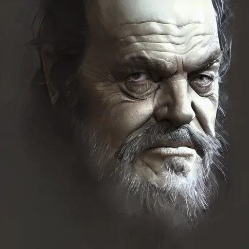 Image similar to portrait of Jack Nicholson with a long gray beard as Gandolf the Gray, dramatic lighting, illustration by Greg rutkowski, yoji shinkawa, 4k, digital art, concept art, trending on artstation