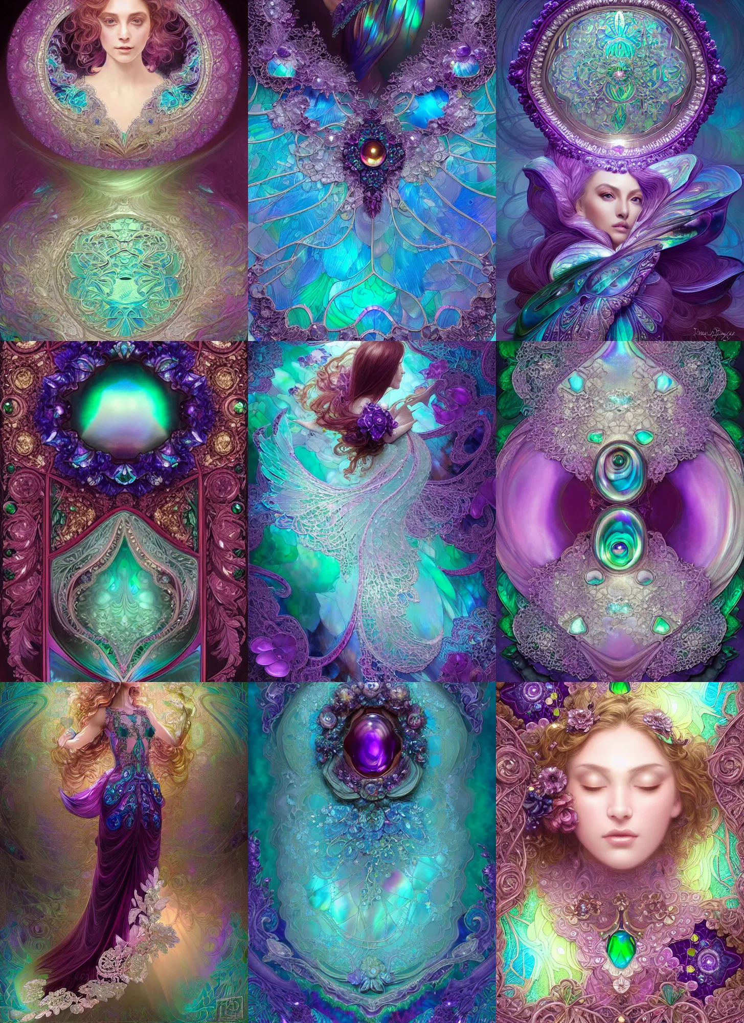 Prompt: iridescent diaphanous refractive and reflective crystal crystalline pearly floral abalone, lace, lush, burgundy and emerald and amethyst and blue topaz colors, fantasy, intricate, elegant, highly detailed, digital painting, artstation, concept art, matte, sharp focus, illustration, hearthstone, art by artgerm and greg rutkowski and alphonse mucha