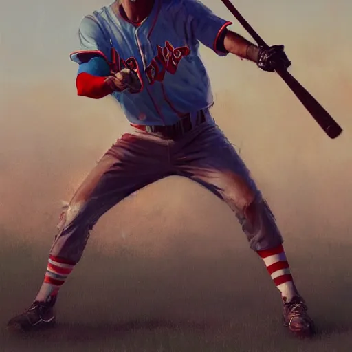 Image similar to baseball player hitting the ball with the baseball bat in the middle of the game and in front of everyone in the stadium, james gurney painting style, greg rutkowski, artstation