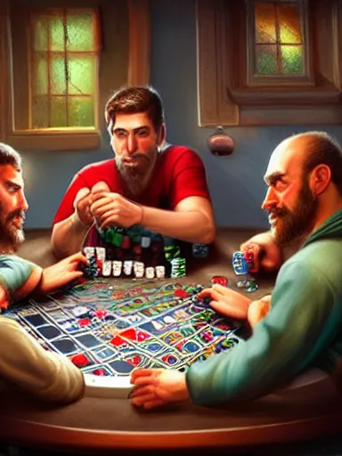 Image similar to half dozen guys playing poker. caotic fight intricate, elegant, highly detailed, digital painting, artstation, concept art, sharp focus, illustration, by justin gerard and artgerm, 8 k