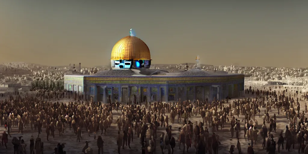 Image similar to dome of the rock, people walking, action scene, an epic fantasy, dramatic lighting, cinematic, establishing shot, extremely high detail, photorealistic, cinematic lighting, artstation, octane render, by christopher nolan, horizon forbidden west