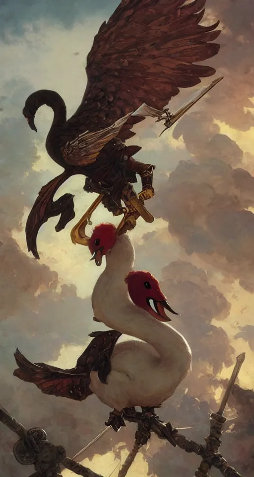 Prompt: anthropomorphic swan swashbuckling pirate with wings and a sword, Renowned character illustration by greg rutkowski, thomas kindkade, alphonse mucha, loish, norman rockwell. Trending on furaffinity.