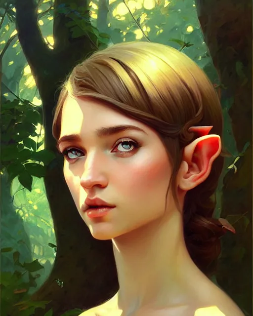 Image similar to stylized portrait of an artistic pose, composition, young elf nymph surrounded by nature, realistic shaded, fine details, realistic shaded lighting poster by ilya kuvshinov, magali villeneuve, artgerm, jeremy lipkin and michael garmash and rob rey