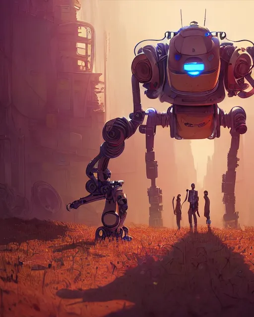 Image similar to highly detailed surreal vfx portrait of a fearless robots in a borderlands world, stephen bliss, unreal engine, greg rutkowski, loish, rhads, beeple, makoto shinkai and lois van baarle, ilya kuvshinov, rossdraws, tom bagshaw, alphonse mucha, global illumination, detailed and intricate environment