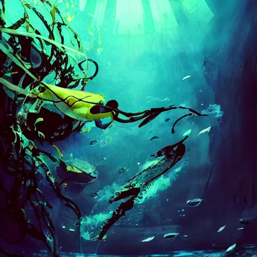 Image similar to woman diving in an alien aquarium, kelp, coral, solar rays, cyberpunk, realistic, detailed, Industrial Scifi, paint, watercolor, in the style of Ashley Wood and Wadim Kashin