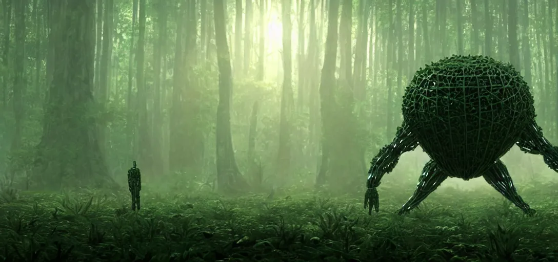 Image similar to a complex organic fractal 3 d metallic symbiotic ceramic humanoid megastructure creature in a swampy lush forest, foggy, sun rays, cinematic shot, photo still from movie by denis villeneuve, wayne barlowe