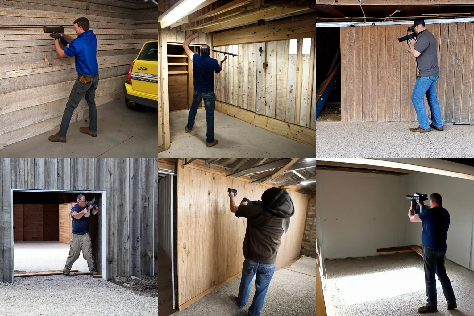 Prompt: Video, a Man firing a pistol at a wooden plank in the garage.