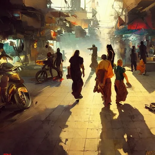 Prompt: greg manchess painting of baghdad in the year 2 0 7 7, painting, cyberpunk style, trending on artstation, by huang guangjian and gil elvgren and sachin teng