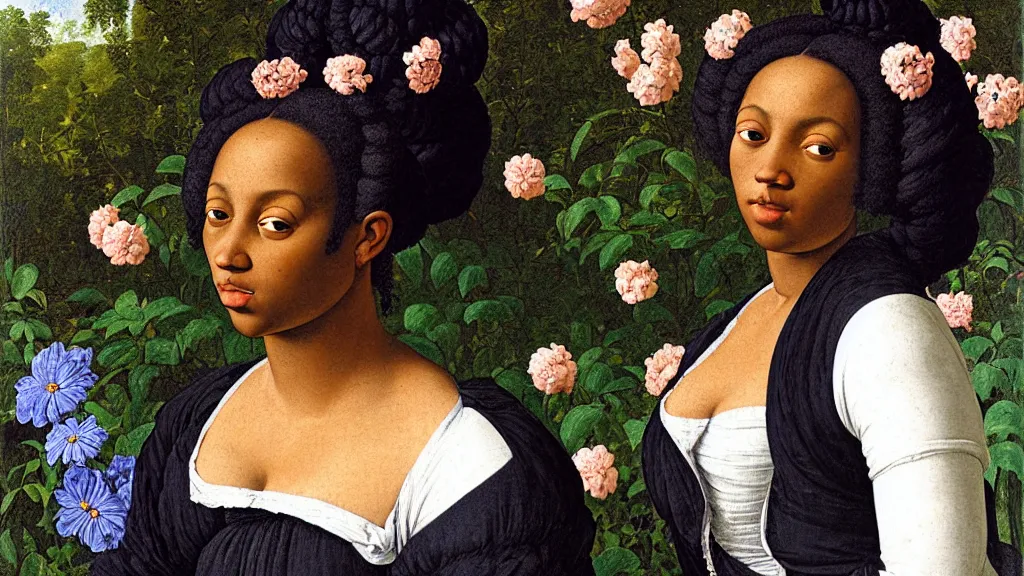 Prompt: portrait of a young black woman with blue hair buns, wearing a black t-shirt, standing in a garden full of black flowers, intricate details, high detail, in a renaissance style, super-flat, in the style of Jean Auguste Dominique Ingres, James Jean, punk