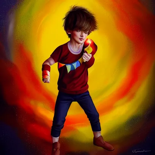 Image similar to colorful and festive captivating young child boy, brown fluffy hair, wearing red and yellow clothes, shooting a yellow energy sphere out of his fist. full body, rich vivid colors, ambient lighting, dynamic lighting, 4 k, atmospheric lighting, painted, intricate, highly detailed by charlie bowater