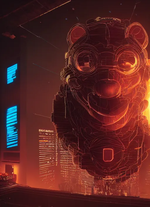 Image similar to giant destroyed head of cyberpunk mickey mouse, inside of netflix office, by beeple, dystopia, golden ratio, octane render, trending on artstation, 8 k