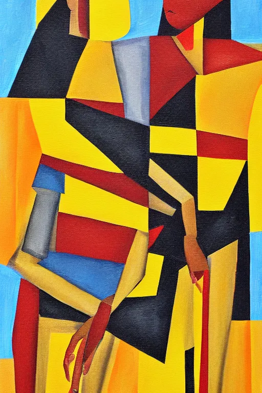 Image similar to neo cubistic painting of two tall figures, sandy yellow colors, in the style of Jessalyn Brooks