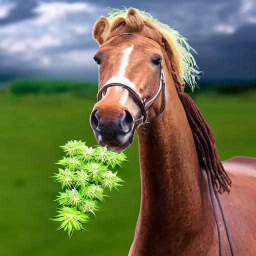 Prompt: close up photograph of very high on weed donald trump horse hybrid, stoner eyes, donald trump horse hybrid smoked weed, weed background, smoking a blunt, 8 k resolution