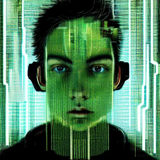 Image similar to hyperrealistic portrait of a cyberpunk teenager, male, short hair, confident, cybernetics, immersed within a glitch network, by Guy Denning, Metzinger, Russ Mills, glitch art, hyper focus, fine detail, hacking effects, digital tech effects, chromatic, color blocking!, green, acrylic on canvas, concept art, abstract, trending on cgsociety, trending on artstation