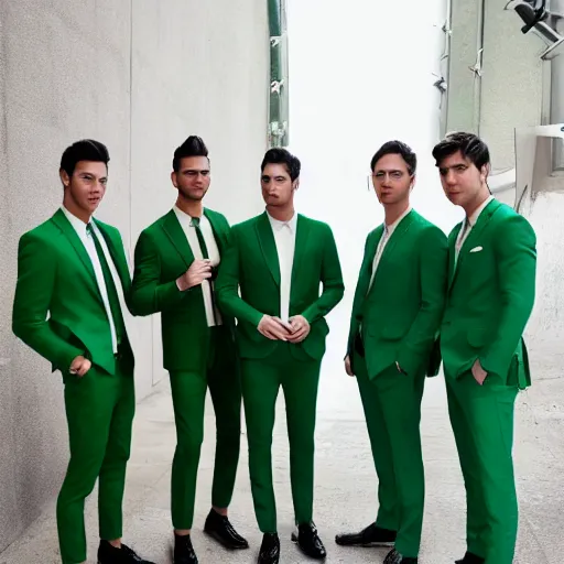 Prompt: 4 handsome men wearing green suits