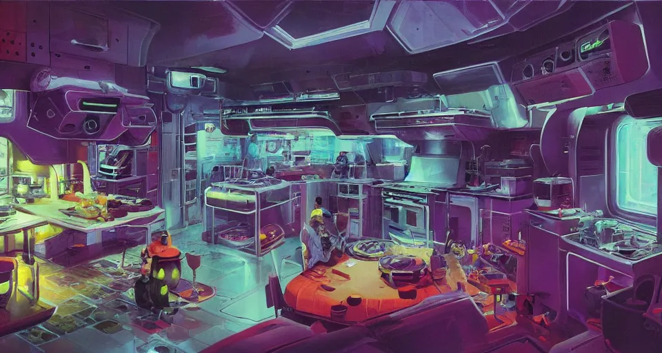 Image similar to IKEA catalogue photo of a cyberpunk kitchen on a spaceship, by Paul Lehr