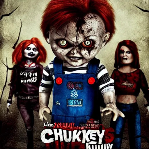 Prompt: Chucky the killer doll VS Zombies movie poster