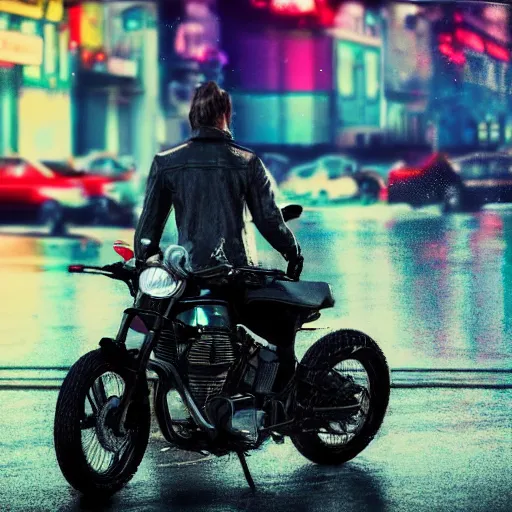 Prompt: Man with motorcycle standing in a city, rain, 4k, (synthwave), trending on artstation,