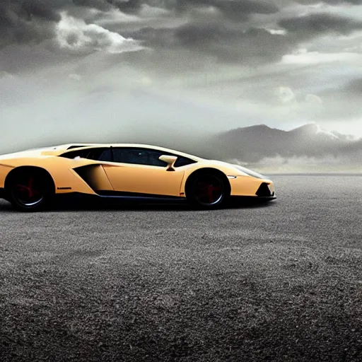 Image similar to A cinematic film still of a futuristic Lamborghini in the movie Interstellar.