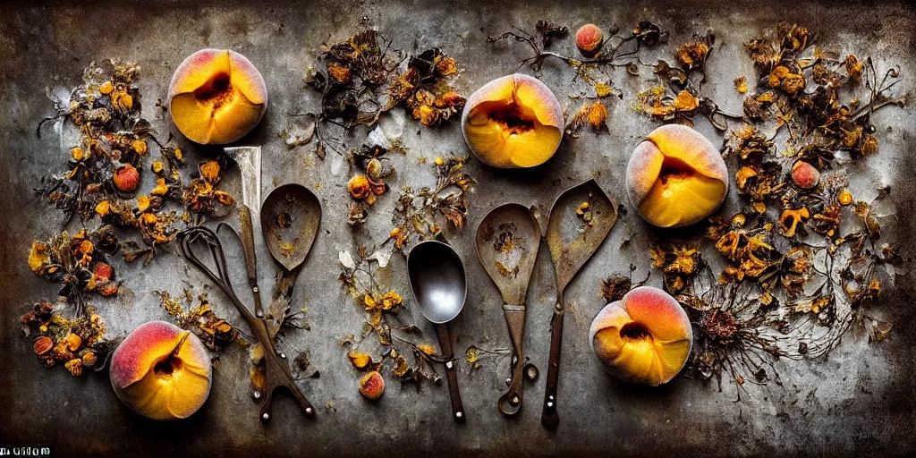 Prompt: side view, decaying rotting peaches, moldy, on an antique distressed table top, dried flowers, metal kitchen utensils, old kitchen backdrop, dark kitchen, style by peter lippmann, intricate detail,