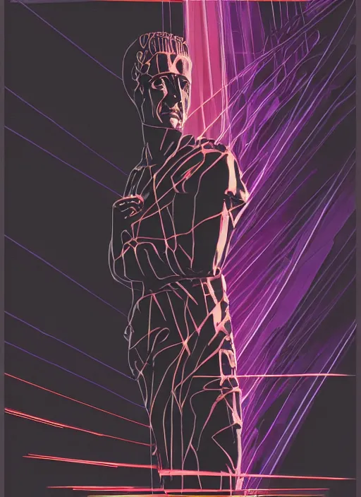 Image similar to elegant dark design poster showing a statue of julius caesar, black background with very subtle red and purple design elements, powerful, vito acconci, thin straight purple lines, dark, glitch art, neo vaporwave, gritty, layout frame, square, trending on artstation