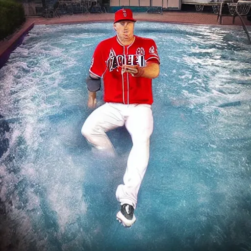 Image similar to “a realistic detailed photo of a guy who is named Mike Trout a baseball player, frozen like a statue, with shiny skin, by a pool, on display”