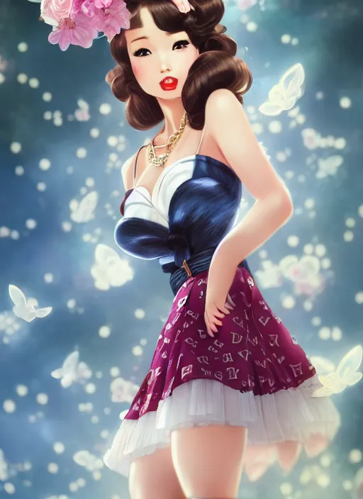 Image similar to a pin up and beautiful fashion dreamlke japan girl with lv jewelry, character art, art by artgerm, wlop, loish, hyperdetailed, 8 k realistic, symmetrical, global illumination, radiant light, frostbite 3 engine, cryengine, dof, trending on artstation, digital art, chanel, dior, detailed background