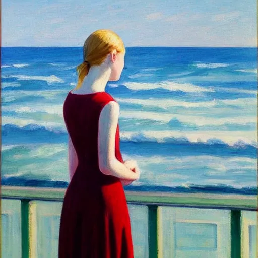 Image similar to painting of Elle Fanning looking at the ocean, by Edward Hopper