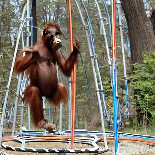 Prompt: publicity photo released by boston dynamics of its prototype robotic orangutan leaping or swinging or climbing in an obstacle - course while engineers are taking notes.