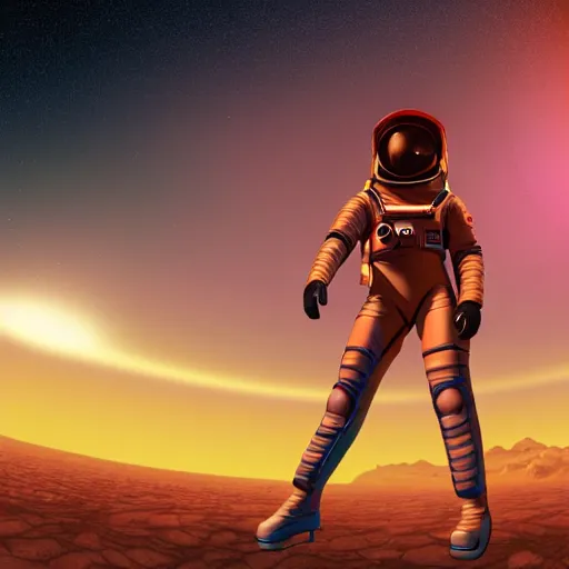 Image similar to A wide angle shot from below of a female astronaut with a feminine body walking with swagger towards camera on mars in an infinite universe , synthwave digital art