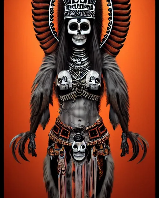 Image similar to character design, aztec warrior goddess with beautiful skull face, crown of very long feathers, full body, glowing aztec tattoos, beautiful, dark fantasy by hr giger