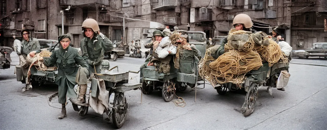 Image similar to transporting spaghetti, world war 2, u. s. army, canon 5 0 mm, kodachrome, in the style of wes anderson, retro