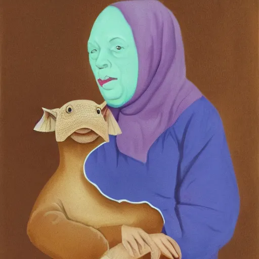 Prompt: portrait of a babushka with pet miniature hippopotamus