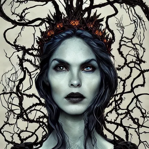 Image similar to dramatic portrait of the dark queen of snakes, wearing a crown of thorned vines, blue skin, realism, dark fantasy illustration, surrounded by dead forest, dynamic lighting, detailed textures, octane render, artstation