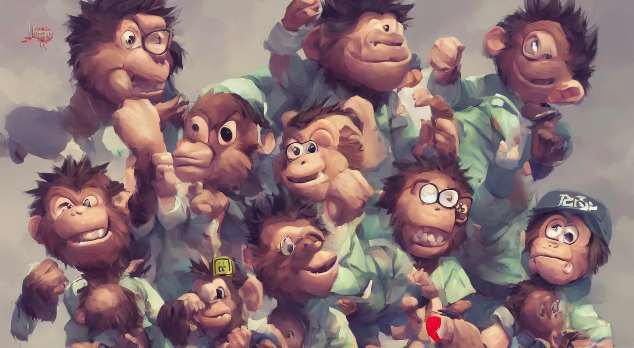 Image similar to a group of 3-d young hip ape kids wearing a street clothes, beautifully rendered, artstation, artgerm, cartoon look, joy, happy, mischievous, 8k, soft lighting, face enhance, sharp focus, concept art, smooth