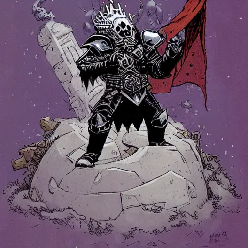 Prompt: an armored lich king screaming and getting up from his throne, by Mike Mignola