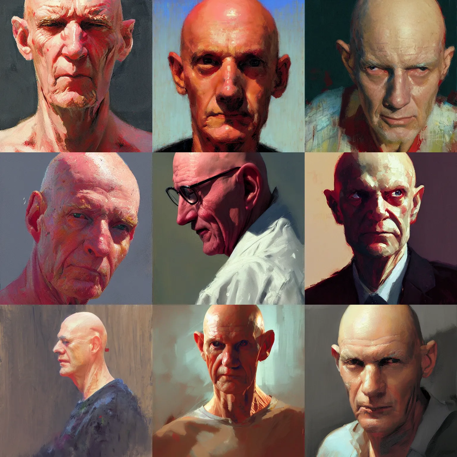 Prompt: shoulder head portrait of a slender old white man, bald, red stripe on head, painting by Craig Mullins, by Moebius,