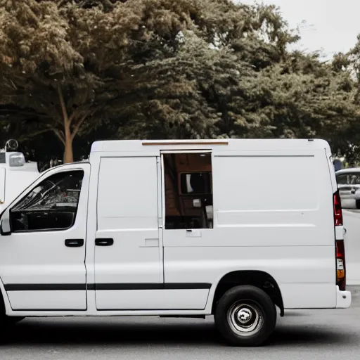 Image similar to A brown man parallel parks white work van, beeping, annoyed people