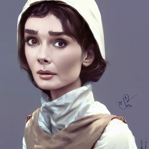 Image similar to a beautiful woman, beauty, looks like Audrey Hepburn, bard, brown hair, messy hairstyle, bangs, cream colored peasant shirt, brown pants, leather boots, dark green cloak, round hood, elf ears, youthful, white background, proportionate, by Greg Rutkowski and Tony Sart, trending on artstation, realistic, highly detailed, masterpiece