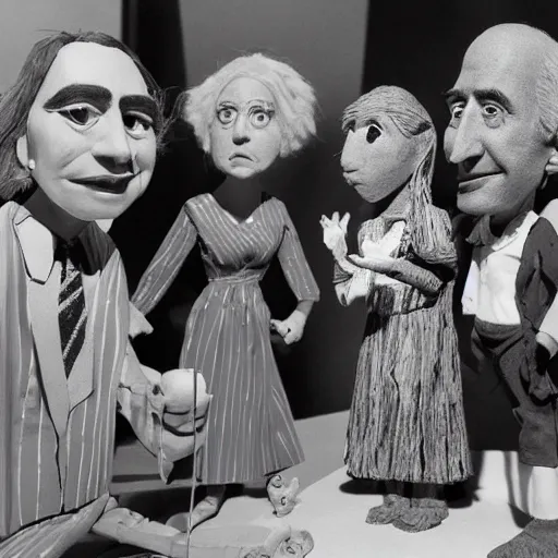 Image similar to still from a 1 9 9 2 live - action stop - motion puppetry tv show by tim burton starring joe biden, kamala harris, and indian elizabeth warren in dioramas. everything is made of plasticine, fabric, and other physical materials. photographic ; realistic ; highly - detailed.