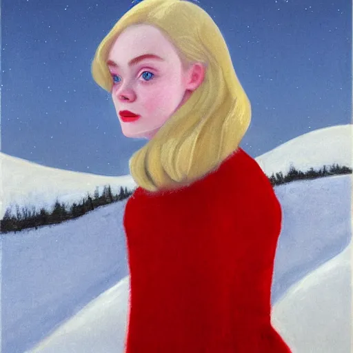 Image similar to Painting of Elle Fanning surrounded by red snow, 60s ad, long blonde hair, delicate, pale milky white porcelain skin, by Edward Hopper. 8K. Extremely detailed.