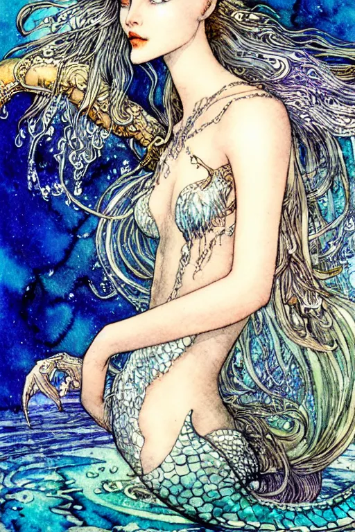 Prompt: mermaid queen closeup face surrounded by swirling water, art by luis royo and walter crane and kay nielsen, watercolor illustration, sharp focus