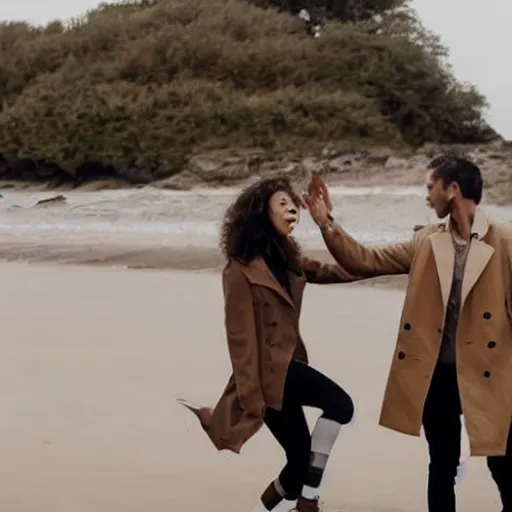 Image similar to zoom in photo of a man and woman, both wearing light brown trenchcoats, dancing together on a beach during cloudy weather, it is a little dark outside