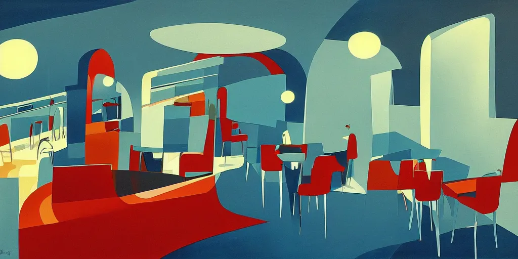 Prompt: cafe interior, blue tone, modernism, gouache, animated film, stylised, illustration, by eyvind earle, scott wills, genndy tartakovski